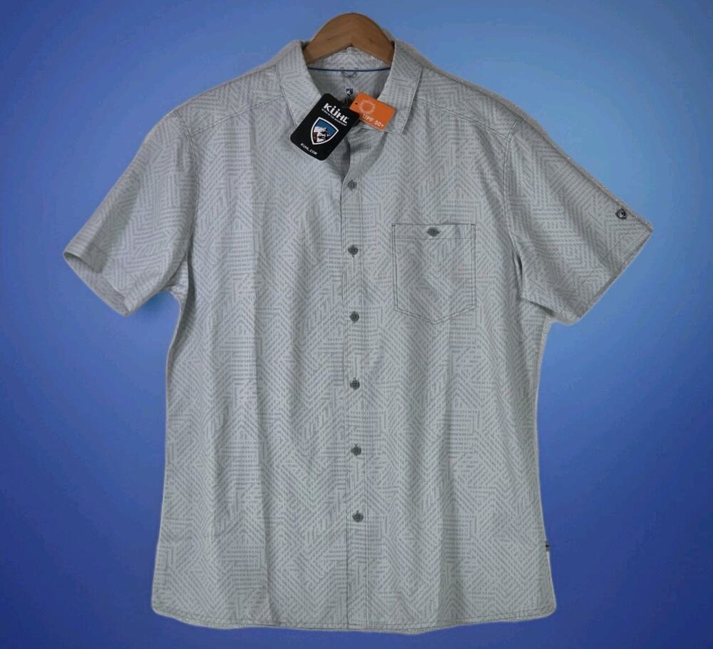 Kuhl Persuadr Men’s Large Geometric UPF 50 Short Sleeve Button Up Grey NWT
